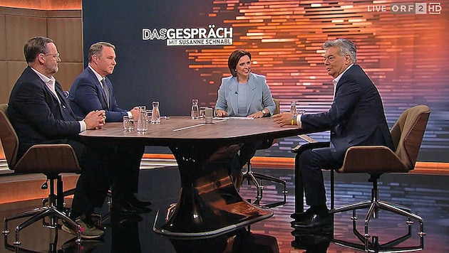 Sepp Schellhorn (NEOS), Andreas Babler (SPÖ) und Werner Kogler (Grüne) signalisierten im ORF ihre Bereitschaft, mit der ÖVP in Regierungsverhandlungen zu treten.  (Bild: ORF)