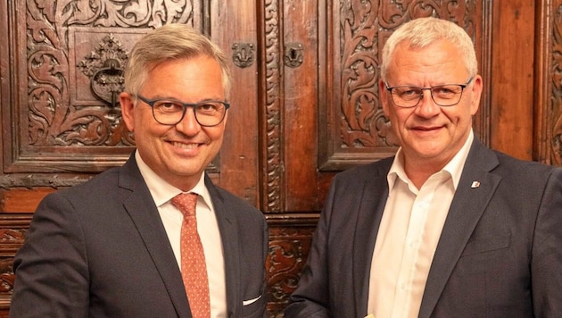 Mayor Thomas Steiner with the new EU Commissioner for Home Affairs and Migration, former Finance Minister Magnus Brunner. (Bild: zVg)