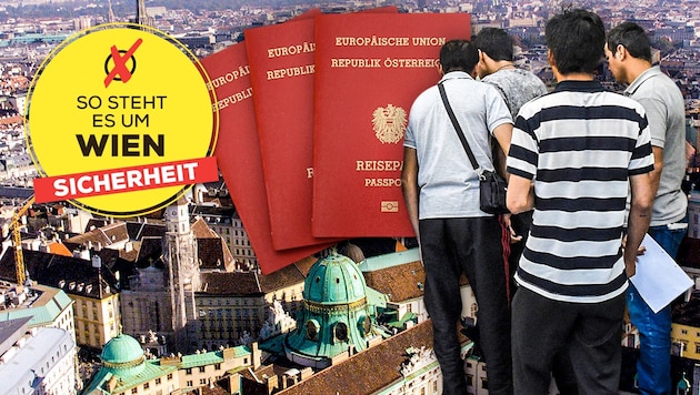 Jeder zweite Tatverdächtige hatte 2024 keinen rot-weiß-roten Pass.  (Bild: Krone KREATIV/Karl Schöndorfer, Andi Schiel, APA)