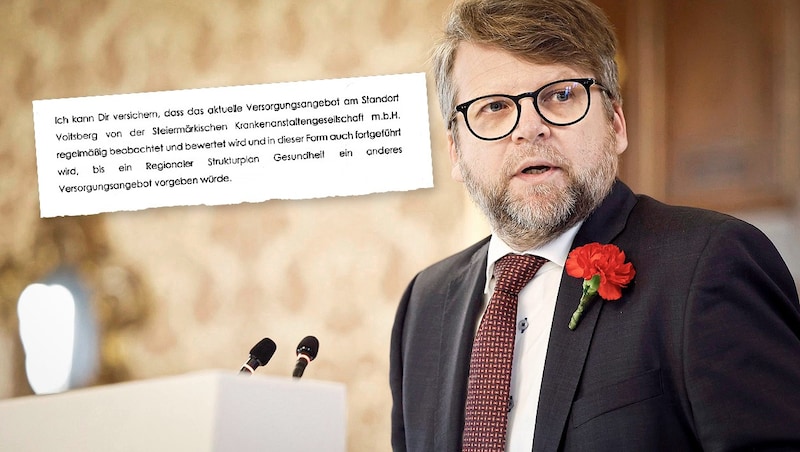 Der steirische SPÖ-Klubobmann Hannes Schwarz präsentiert einen brisanten Brief von November 2024. Darin wird dem Betriebsrat des LKH Voitsberg versichert, dass es zu keinen absehbaren Änderungen kommt. (Bild: Krone KREATIV/APA/Erwin Scheriau, Zvg)