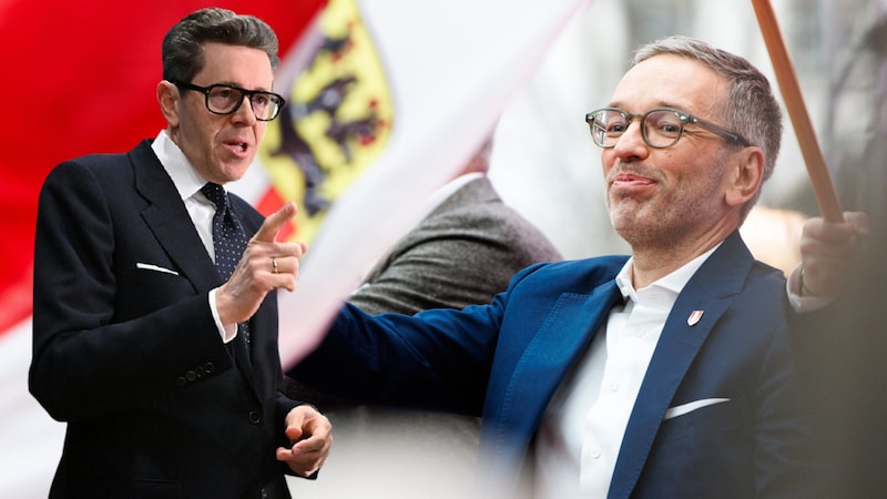 Wirtschaftskammerpräsident Harald Mahrer attackierte FPÖ-Chef Herbert Kickl am Dienstag scharf (Bild: Krone KREATIV/APA/TOBIAS STEINMAURER, APA/HELMUT FOHRINGER (Montage), KRONE KREATIV)