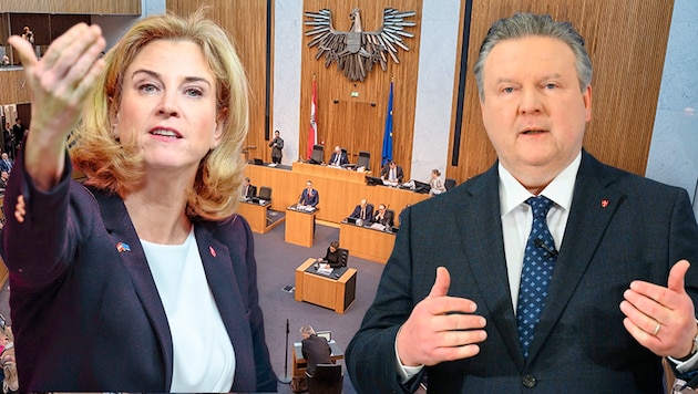 Coalition poker: NEOS leader Beate Meinl-Reisinger and Vienna's mayor Michael Ludwig (SPÖ) want to resume the three-way talks with the ÖVP. (Bild: Krone KREATIV/APA)