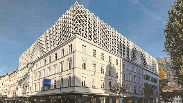 A project from a time when money didn't seem to play a role: this is what the extension to the corner building in Museumstrasse should have looked like. (Bild: Land Tirol, Krone KREATIV)