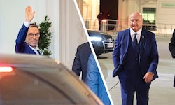 Kurz vor 17 Uhr kam FPÖ-Chef Herbert Kickl (li.) am Dienstag gut gelaunt vor der Hofburg an. ...