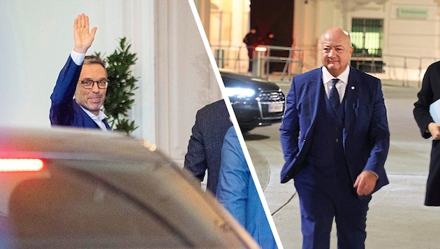 Kurz vor 17 Uhr kam FPÖ-Chef Herbert Kickl (li.) am Dienstag gut gelaunt vor der Hofburg an. ÖVP-Chef Christian Stocker will gewisse „Grundlinien“ garantiert haben. (Bild: APA/Georh Hochmuth, Zwefo, Krone KREATIV)