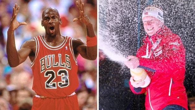 Basketball-Legende Michael Jordan (li.) und Biathlon-Superstar Johannes Thingnes Bö. (Bild: Brian Drake, Gepa Pictures/Philipp Brem)