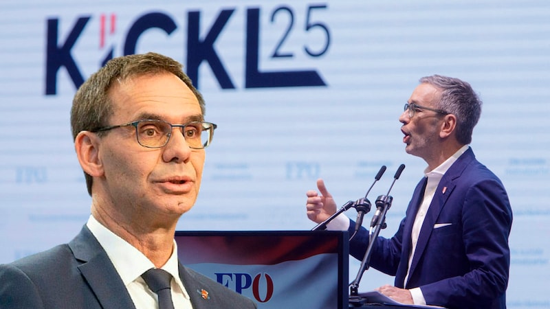 Vorarlberg's Governor Markus Wallner (ÖVP, l.) sharply criticizes FPÖ leader Herbert Kickl. (Bild: Alex HALADA / AFP, APA/DIETMAR MATHIS, Krone KREATIV)