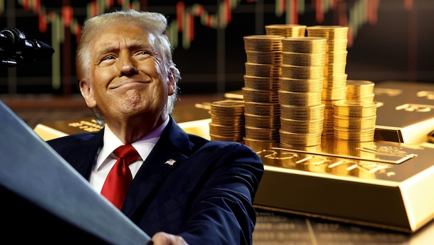 Auch Trumps Handelskrieg macht Gold für Anleger attraktiv. (Bild: Krone KREATIV/APA/Getty images, Stock Adobe/Michael)