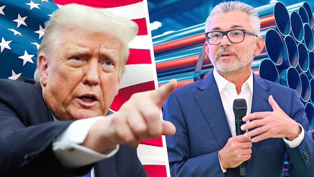 Following Donald Trump's announcement to introduce tariffs on steel and aluminum imports, voestalpine CEO Herbert Eibensteiner sees a need for action from the EU. (Bild: Krone KREATIV/FotoKerschi, REUTERS Stock Adobe)