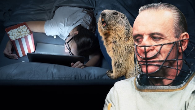 Film-Fans können an berühmten Drehorten schlafen. Sie begegnen dabei Hannibal Lecter (re.) oder landen im „Murmeltier-Hotel“. (Bild: Krone KREATIV/Stock Adobe, Ronald Grant Archive/Mary Evans/picturedesk.com, Martina Gebert)