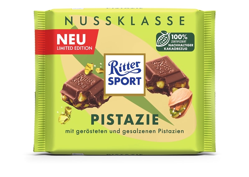 Ritter Sport hit the Dubai chocolate trend head on with the new pistachio variety launched this year. (Bild: Ritter Sport)