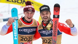 Franjo von Allmen stellt klar, dass auch sein Teamkollege Loic Meillard nicht ungeschoren davonkommt ... (Bild: GEPA)