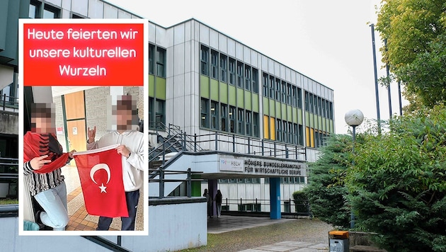 Hier an der HBLW in der Landwiedstraße kam es im Rahmen der Mottowoche zum Wolfsgruß-Eklat – der Jugendliche und einer seiner Mitschüler posierten für den Schnappschuss mit der türkischen Fahne. (Bild: Krone KREATIV/zVg, Horst Einöder)