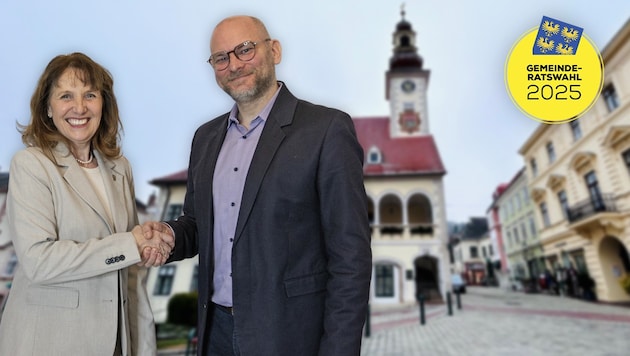 Neue Chefpartie: Silvia Drechsler (SPÖ) und Rianer Praschak (Grüne). Die schwarze Stadt wird jetzt 2 1/2 Jahre von SPÖ, dann von Grün regiert. (Bild: Krone KREATIV/Doris Seebacher)