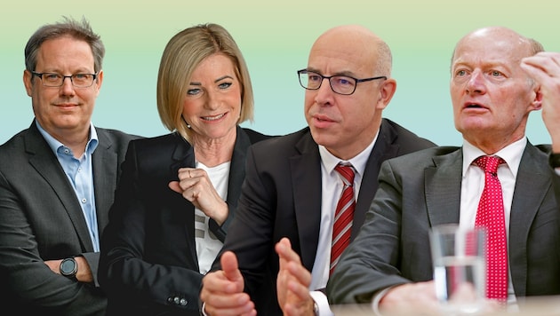 Stefan Koch, Rektor der JKU, AMS-OÖ-Geschäftsführerin Iris Schmidt, WIFO-Direktor Gabriel Felbermayr und Oberbank-Generaldirektor Franz Gasselsberger. (Bild: Krone KREATIV/Markus Wenzel (2), Reinhard Holl, Eva Manhart)