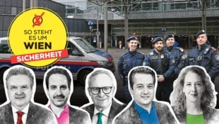 Die Parteichefs beantworten Fragen zur Sicherheit in Wien. (Bild: Krone KREATIV/BBWien/Ludwig Schedl, Martin Jöchl (2), Peter Tomschi, Grüne Wien, Klemens Groh)