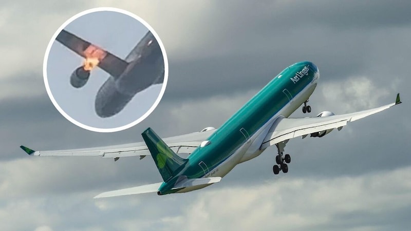 Nach einem Knall schossen Flammen (kleines Bild) aus dem linken Triebwerk einer Passagiermaschine von Aer Lingus. (Bild: kameraOne (Screenshot))