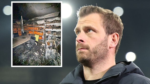 Sturm-Coach Jürgen Säumel kann’s nicht fassen – ein Feuer hat im Trainingszentrum gewütet … (Bild: GEPA/GEPA; Simo Maric, )