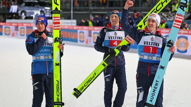 Kraft (li.), Hörl (mi.) oder Tschofenig: Einer aus dem Trio wird Skisprung-Gesamtweltcupsieger. (Bild: GEPA pictures)