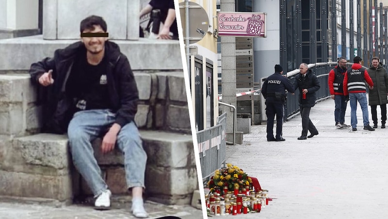 The assassin has just stabbed a pupil and is grinning (left). Interior Minister Gerhard Karner (right in the mourning zone in Villach) calls for "mass checks without cause". (Bild: Krone KREATIV/APA, SVS News Agency)