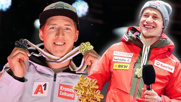 Raphael Haaser (left) won silver, Marco Odermatt gold in the World Championship Super-G. (Bild: Krone KREATIV/Christof Birbaumer / Kronen Zeitung)