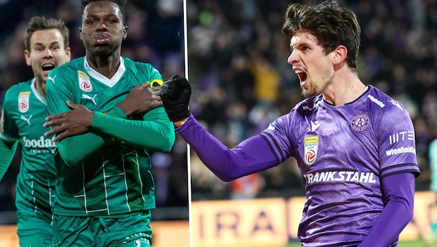 Rapids Mamadou Sangare und Austrias Dominik Fitz trafen im Derby. (Bild: GEPA pictures)