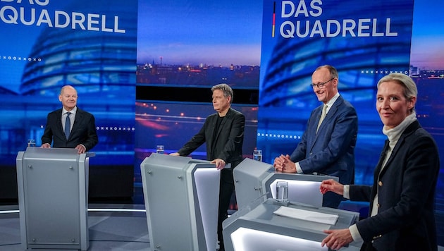 The leading candidates Olaf Scholz (SPD), Robert Habeck (Greens), Friedrich Merz (CDU) and Alice Weidel (AfD) (Bild: AFP)