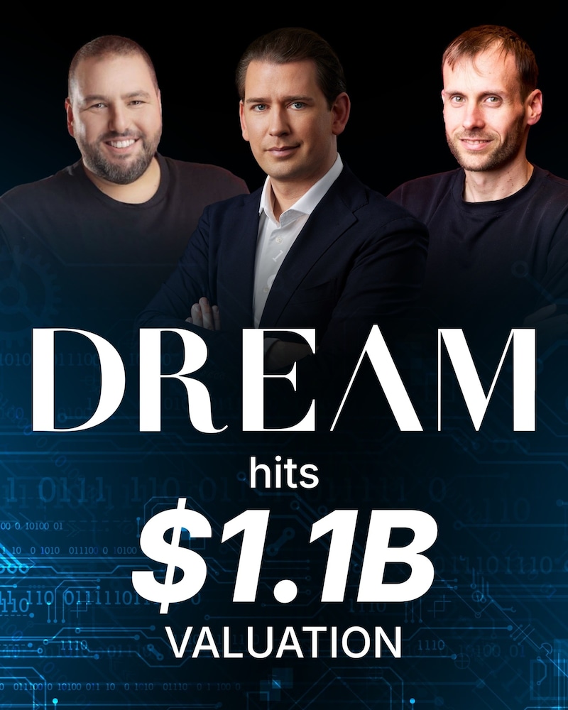 The "Dream" team like on a movie poster: Shalev Hulio, Sebastion Kurz and Gil Dolev (from left to right) (Bild: Fotomontage Dream)