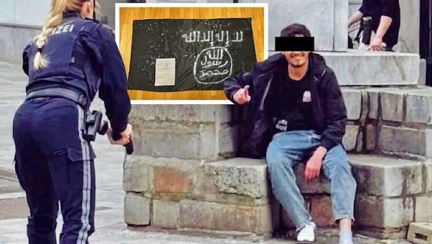 Before his crime, Ahmad G. had sworn allegiance to the Islamic State terrorist militia and made a jihadist flag out of bin bags (small picture). (Bild: Krone KREATIV/BMI, SVS News Agency)