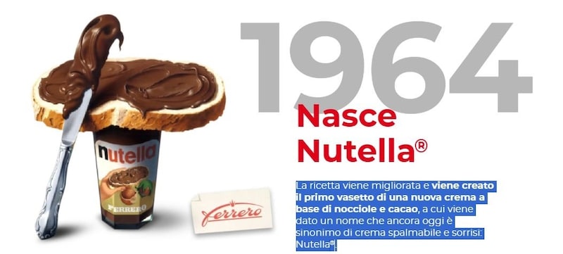 1964: The recipe was improved and the first edition of a new hazelnut and cocoa-based cream went on sale. From 1965, Nutella was bottled in the now iconic bulbous jar. (Bild: nutella.com/it/)