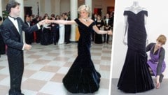 Links: John Travolta und Prinzessin Diana beim Tanz. Rechts: das „Travolta“-Kleid heute (Bild: Krone KREATIV/AP Picturedesk)