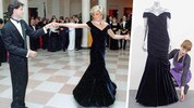 Links: John Travolta und Prinzessin Diana beim Tanz. Rechts: das „Travolta“-Kleid heute