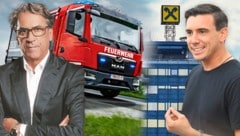 Stefan Pierer, Mark Mateschitz und zwei Gesellschaften der Raiffeisenlandesbank Oberösterreich steigen bei Rosenbauer ein. (Bild: Krone KREATIV/Rosenbauer International, Horst Einöder, AFP/Kerstin Joensson, KTM/E. Tschann)