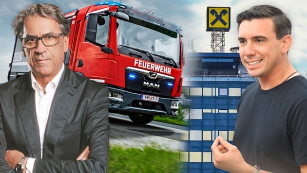 Stefan Pierer, Mark Mateschitz und zwei Gesellschaften der Raiffeisenlandesbank Oberösterreich steigen bei Rosenbauer ein. (Bild: Krone KREATIV/Rosenbauer International, Horst Einöder, AFP/Kerstin Joensson, KTM/E. Tschann)