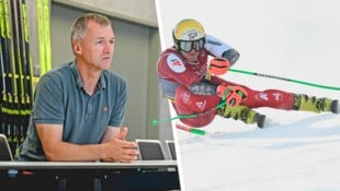 Freute sich bei der Ski-WM in Saalbach mit Raphael Haaser (re.): Fischer-Sports-Chef Franz Föttinger. (Bild: Krone KREATIV/Markus Wenzel, AFP)