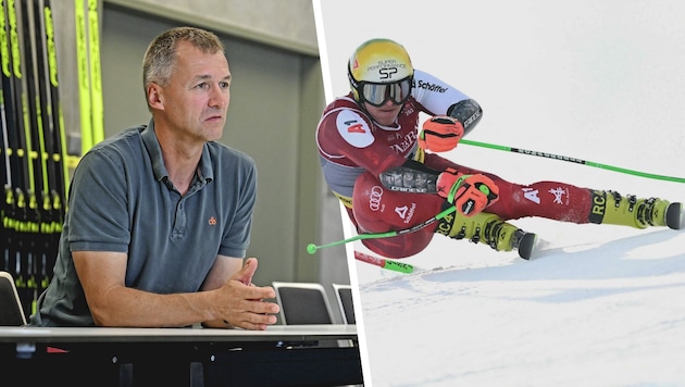 Freute sich bei der Ski-WM in Saalbach mit Raphael Haaser (re.): Fischer-Sports-Chef Franz Föttinger. (Bild: Krone KREATIV/Markus Wenzel, AFP)