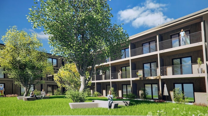 So soll das fertige Mitarbeiterhaus ausschauen. Jede Einheit verfügt über einen Balkon. Eine ...