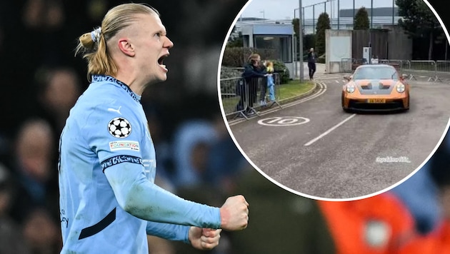 Erling Haaland gibt nicht nur auf dem Platz Vollgas. (Bild: Krone KREATIV/APA/AFP/Paul ELLIS, tiktok / @geldmrfifa_)