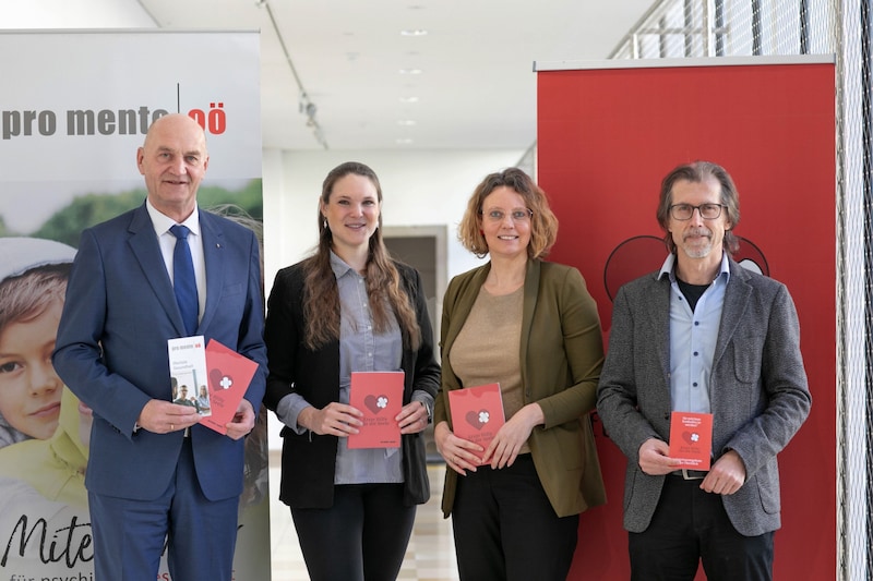 Provincial Councillor Christian Dörfel, Lenzing AG occupational psychologist Katharina Kastner, Andrea Viertelmayr from pro mente and physician Walter Kroeg (from left). (Bild: Krone KREATIV/Land OÖ/Daniel Kauder)