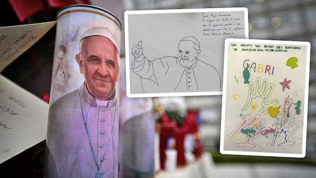 Children suffering from cancer signed for the Pope, who is in the same hospital. (Bild: Krone KREATIV/AFP, Gemelli Krankenhaus)