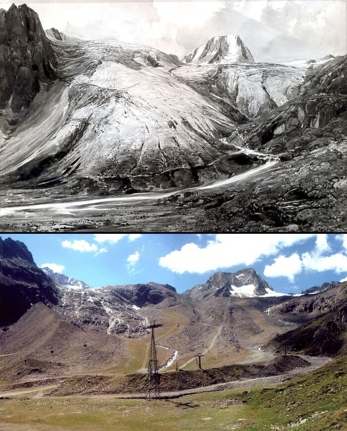 Der Fernauferner-Gletscher: Das obere Bild ist eine Aquarellstudie aus dem Jahr 1842 von Thomas ...