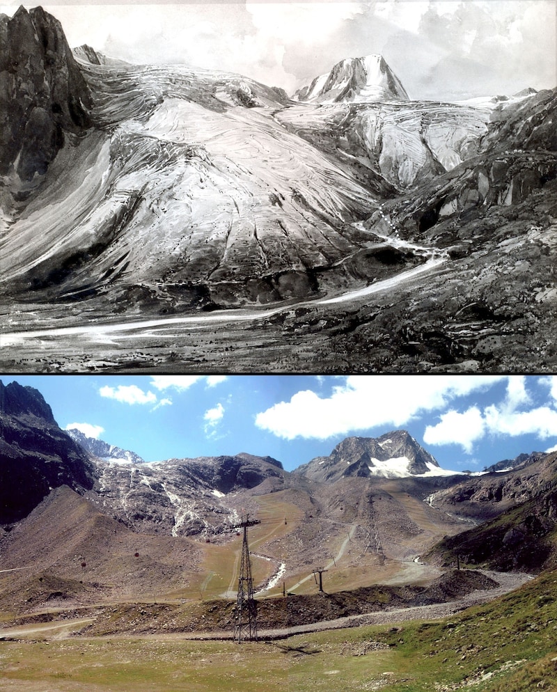 Der Fernauferner-Gletscher: Das obere Bild ist eine Aquarellstudie aus dem Jahr 1842 von Thomas Ender. (Bild: APA/OEAV)