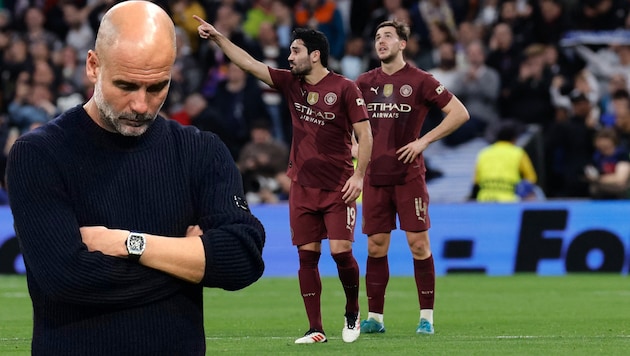 Große Enttäuschung bei Pep Guardiola (li.) und seinen Schützlingen (Bild: Krone KREATIV/APA/AFP/OSCAR DEL POZO, AP/Manu Fernandez)