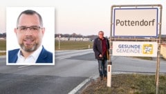 Gernot Blümel befürchtet, dass Pottendorf durch das Bauprojekt zu „unkontrolliert“ wachsen könnte. Bürgermeister Thomas Sabbata-Valteiner verteidigt das Projekt: „“Wir brauchen die Wohnungen, um die Menschen hier im Ort zu halten“.  (Bild: Krone KREATIV/ZVG Gemeinde Pottendorf und Gernot Blümel)