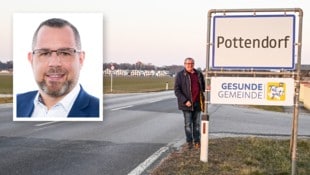 Gernot Blümel befürchtet, dass Pottendorf durch das Bauprojekt zu „unkontrolliert“ wachsen könnte. Bürgermeister Thomas Sabbata-Valteiner verteidigt das Projekt: „“Wir brauchen die Wohnungen, um die Menschen hier im Ort zu halten“.  (Bild: Krone KREATIV/ZVG Gemeinde Pottendorf und Gernot Blümel)