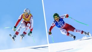 Nadine Fest (l.) holte sich im Sarntal ihren sechsten Europacupsieg der laufenden Saison, Victoria Olivier (r.) fuhr vor Doppelweltmeisterin Breezy Johnson auf Rang zwei. (Bild: Krone KREATIV/GEPA Pictures)