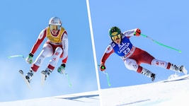 Nadine Fest (l.) holte sich im Sarntal ihren sechsten Europacupsieg der laufenden Saison, Victoria Olivier (r.) fuhr vor Doppelweltmeisterin Breezy Johnson auf Rang zwei. (Bild: Krone KREATIV/GEPA Pictures)