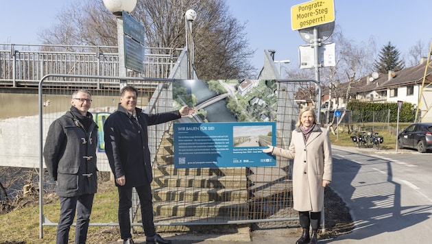 Starting signal for new construction: project manager Wolfgang Toman, city building director Bertram Werle and Deputy Mayor Judith Schwentner (from left). (Bild: Foto Fischer)