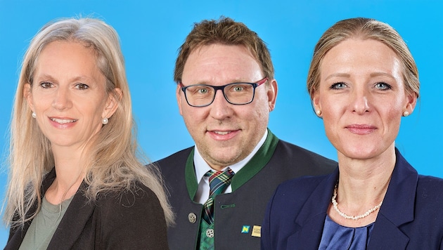 SPÖ-Bürgermeisterin Alexandra Weber (links) holte sich die Absolute zurück, ÖVP-Spitzenkandidatin Silvia Arnberger-Prinz (rechts) tritt mit Gemeindeparteiobmann zurück. Neuer designierter ÖVP-Parteichef ist Michael Buxbaum (Mitte). (Bild: Krone KREATIV/ÖVP, SPÖ)