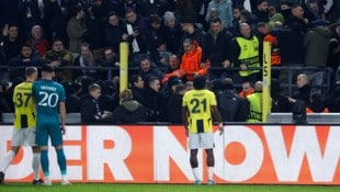 Spieler von Anderlecht und Fenerbahce schauen fassungslos auf die Vorgänge auf der Tribüne ...